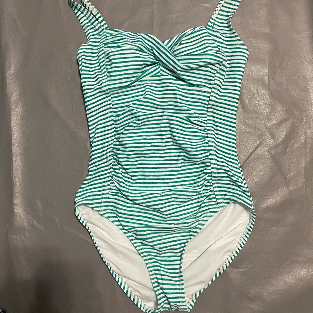 Blue and white striped bathing suit